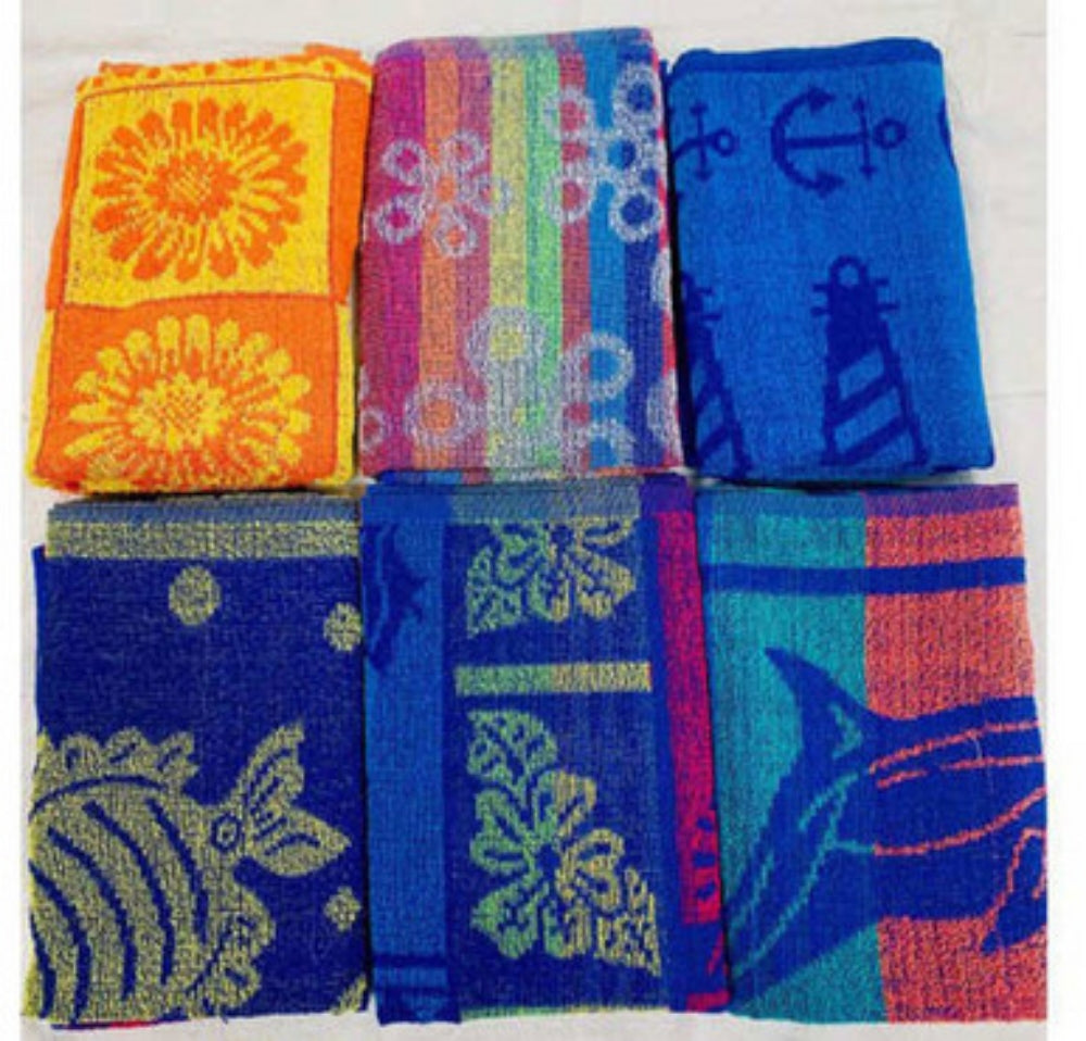 PROMOTIONAL BEACH TOWELS 27 x 54 9 lb 100% Cotton Jacquard 6 Design Assortment CTN Pack of 36 EA