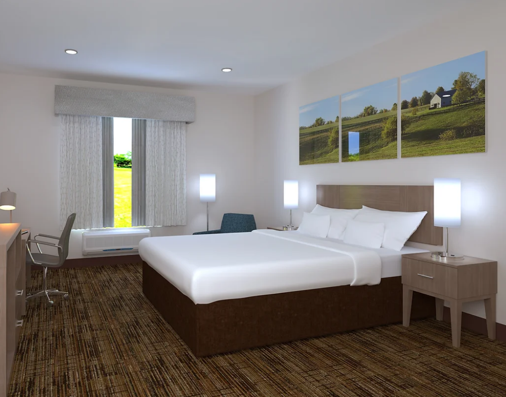 Claron Pointe 3 Pass Blackout Maze Patterned Nickel Color and Sheer Flora Patterned Dusk Color