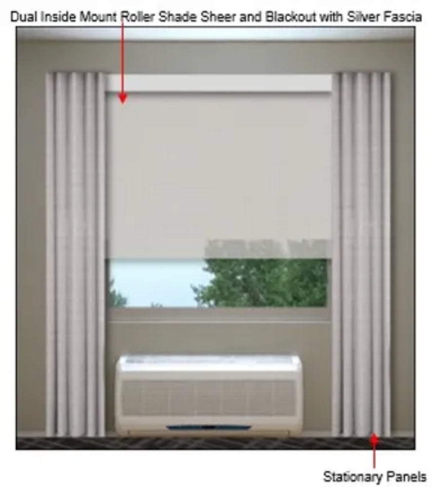 Comfort Sun Scheme Roller Shades with Sheer & Blackout Options, Stationary Panels, and Cornice