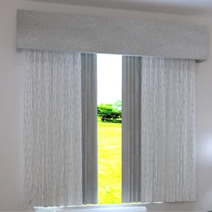 Claron Pointe 3 Pass Blackout Maze Patterned Nickel Color and Sheer Flora Patterned Dusk Color